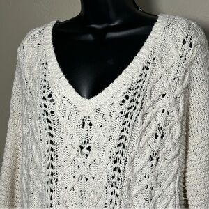 Free People Cream Knit Tunic Sweater with Fringe Distressed Hem Size Small